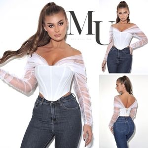 🤍Yeimy White Corset Top With Mesh Sleeve- Limited Time Sale ⏲️